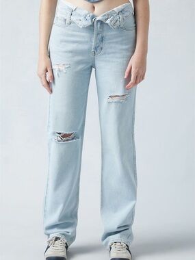 PacSun Light Indigo Fold Over Ripped 90s Boyfriend Jeans High Rise